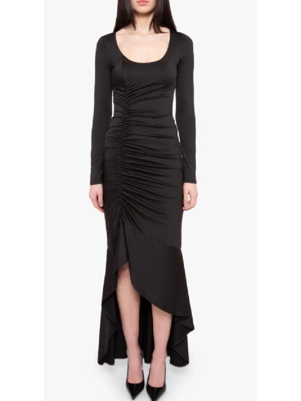 NWT Black Halo Atlanta Ruched HighLow Maxi Dress Black Sz 6 Bodycon Evening Gown